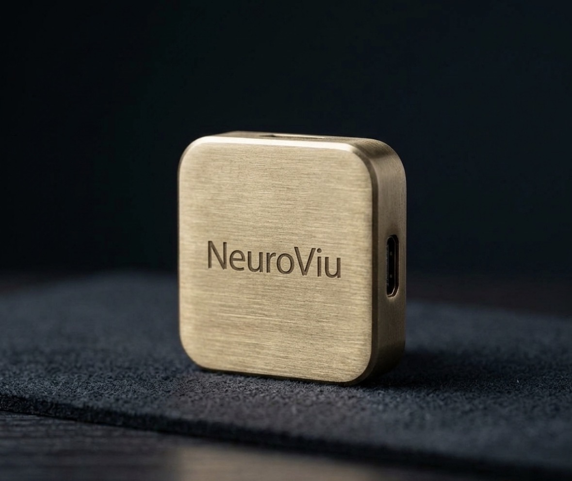 A brushed-gold square NeuroViu module engraved with the NeuroViu name, resting on dark felt.