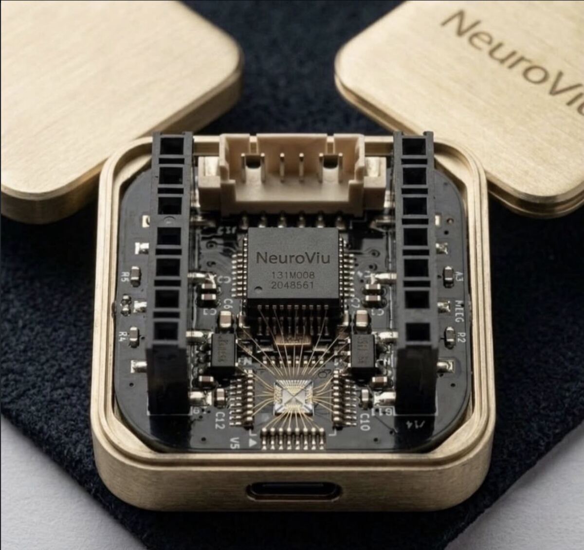 The NeuroViu Lite circuit module seated in its open enclosure, viewed from above.