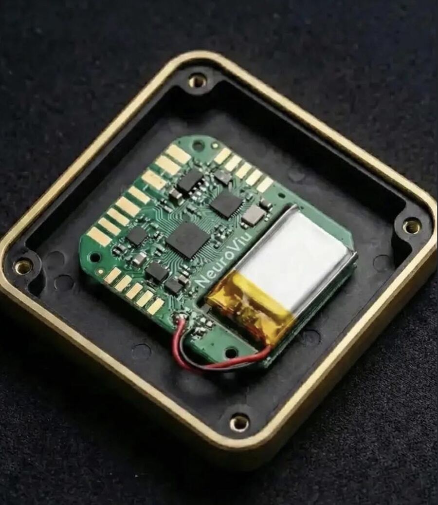 Close-up of the NeuroViu Lite board and battery inside the enclosure.